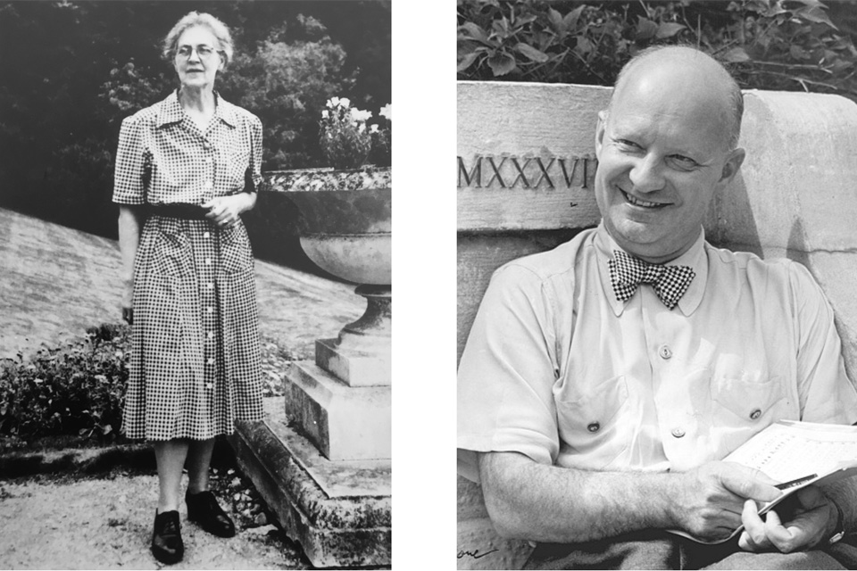 Two black and white photos of a women wearing glasses, a checked dress, with black leather shoes, with a photo of a man, wearing a white shirt and a checked bowtie, smiling at the camera.